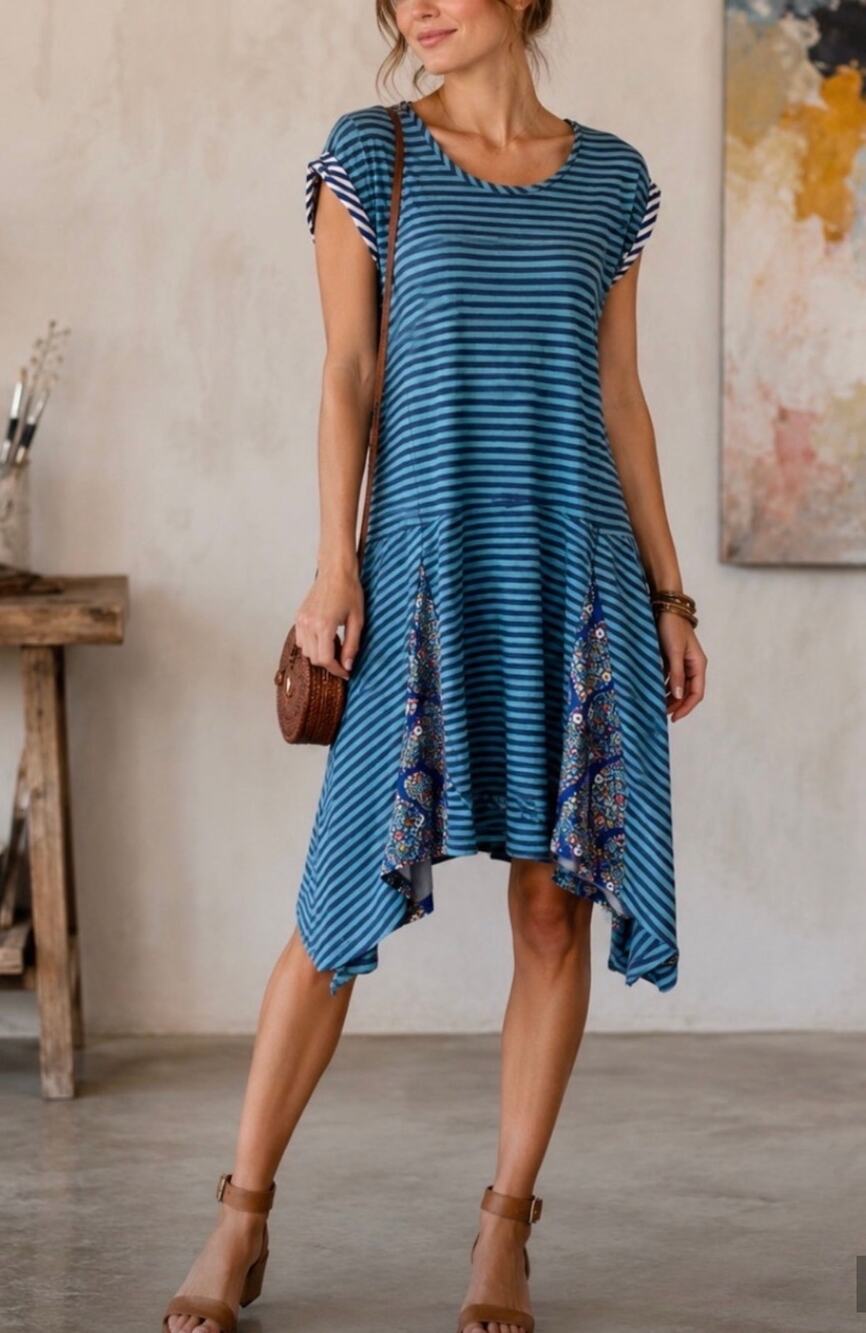 Matilda Jane Blue Striped Midi Dress Floral Panel shark bite hem artsy boho S